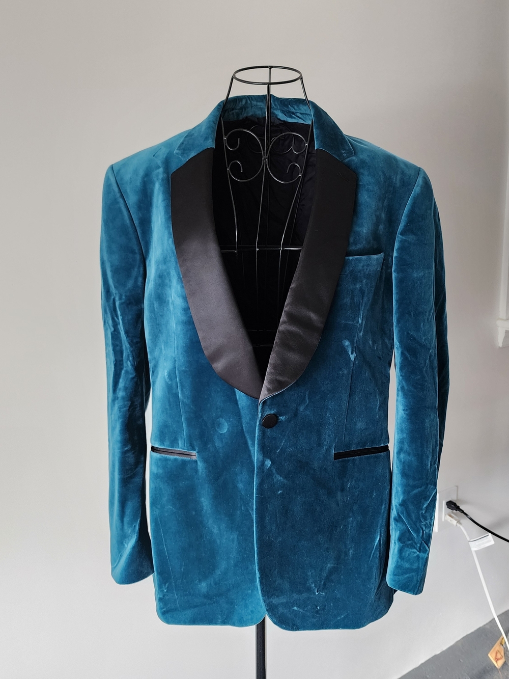 Topman Velvet Tuxedo Jacket Men 42 Blue Satin Lapel Formalwear Tuxedo Italian